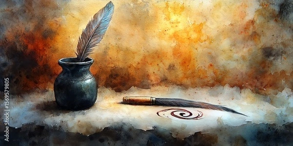 Fototapeta a medieval quill pen resting in an ink pot, watercolor style, feather tip slightly stained, spilled ink forming a spiral shape on aged paper, warm candlelit tones
