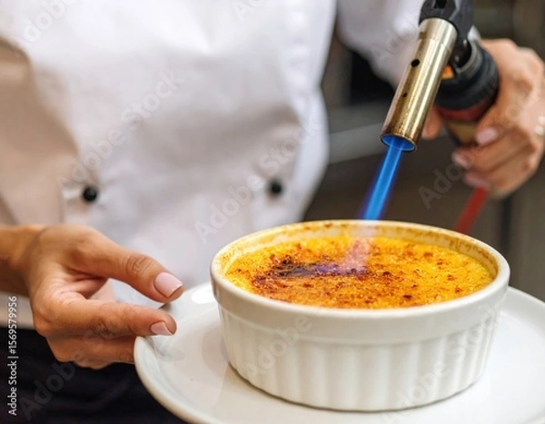 Obraz Chef Caramelizing Creme Brulee With Blue Flame