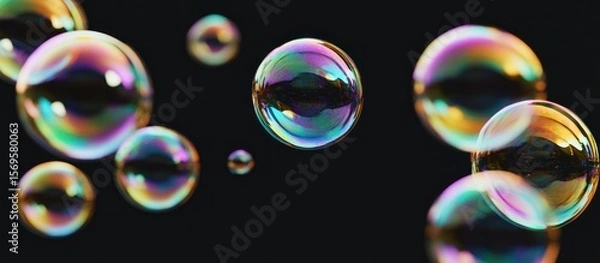 Fototapeta Iridescent Soap Bubbles Floating in a Dark Void, Displaying Rainbow Colors