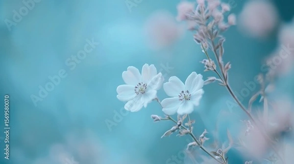 Fototapeta Ephemeral Whisper: Delicate white cosmos flowers against an ethereal turquoise backdrop