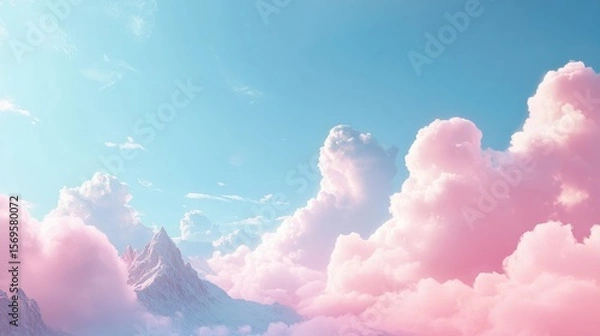 Fototapeta Dreamlike ethereal vista with pastel hued clouds and snow capped mountains