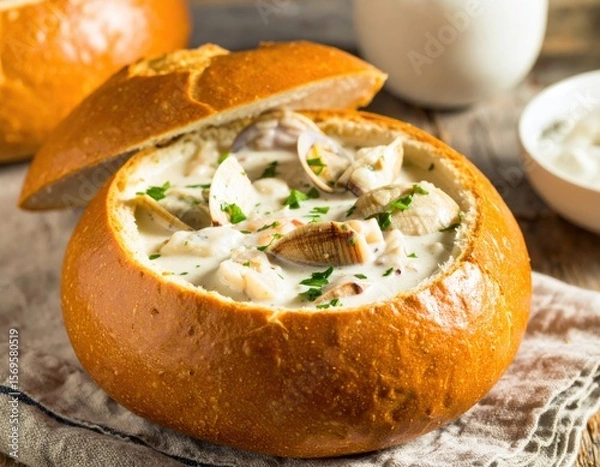 Obraz Creamy Clam Chowder In A Bread Bowl