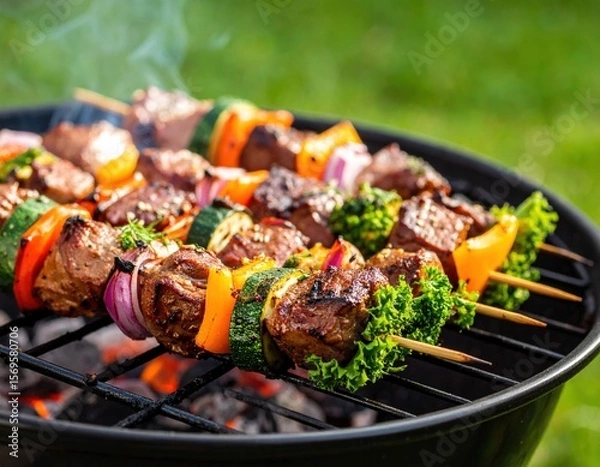 Obraz Grilled Meat and Vegetable Skewers on Barbecue Grill