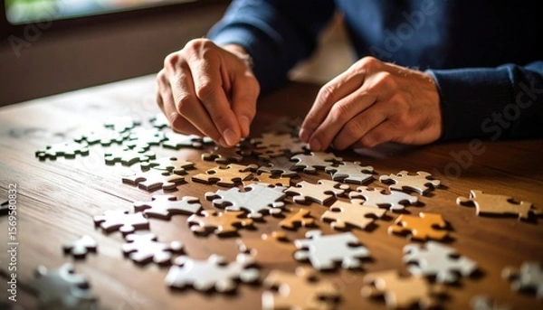 Obraz Hands Assembling Colorful Puzzle Pieces On Wooden Table