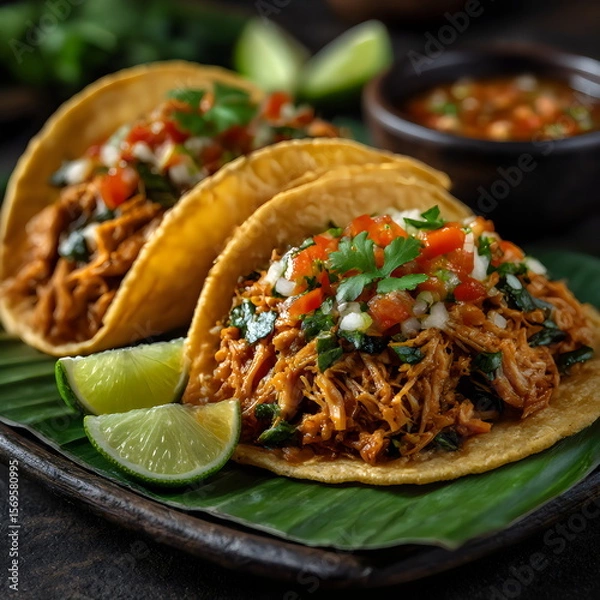 Fototapeta Delicious tacos filled with shredded chicken served with fresh salsa and lime wedges