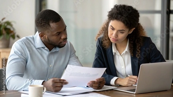 Fototapeta Two serious focused multiethnic male and female coworkers reviewing financial legal document, discussing sales marketing reports, brainstorming on project, doing paperwork at office table