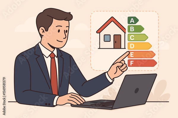 Obraz Energy efficiency rating concept. Businessman with laptop analyzing house performance certificate. Home audit with energy consumption chart for sustainable, eco friendly building.