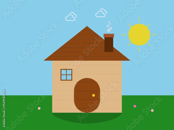 Fototapeta Vector illustration of a house or a hut in a greeny area