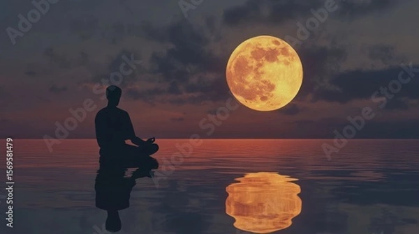 Fototapeta Serene Meditation under a Full Moon Reflecting on Tranquil Waterscape
