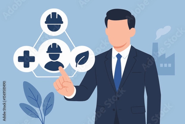 Fototapeta HSE, Health Safety Environment concept. Businessman using virtual screen for industrial compliance, occupational protection standards, and environmental management systems.