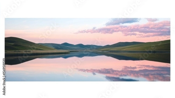 Fototapeta Serene pastoral panorama showcasing a tranquil lake reflecting the sky and hills