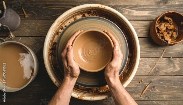 Obraz Hands Shaping Clay Bowl On Pottery Wheel