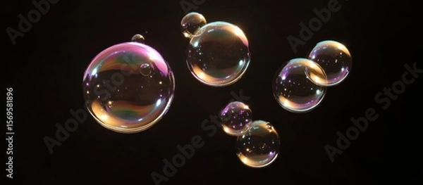 Fototapeta Floating iridescent bubbles on a dark backdrop create a whimsical abstract composition