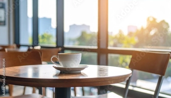Obraz Coffee Cup On Wooden Table In Cafe With City View