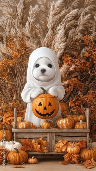 Obraz dog in a ghost costume holding a pumpkin beside an old wooden cart full of harvest items, vintage harvest theme,