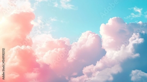 Fototapeta Dreamy pastel sky with fluffy clouds offering a sense of peace and tranquility