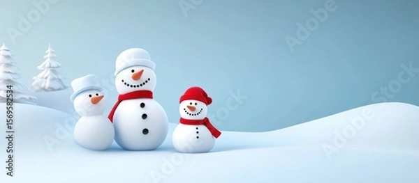 Fototapeta Whimsical winter wonderland with cheerful snowmen family, snow drifts, and frosty trees