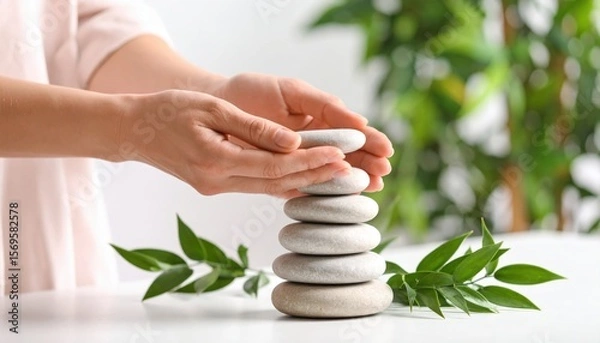 Obraz Hands Stacking Stones On White Table With Green Leaves