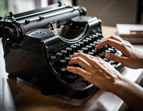 Obraz Closeup Vintage Typewriter With Hands Typing