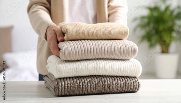 Obraz Woman Arranging Stacked Knitted Sweaters On Table
