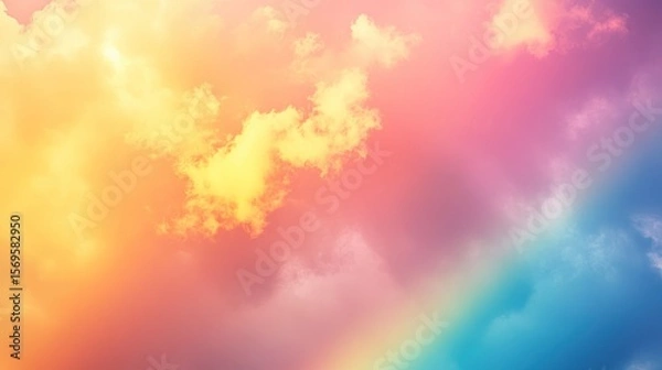 Fototapeta A pastel sky gradient with fluffy clouds and a hint of rainbow after the rain