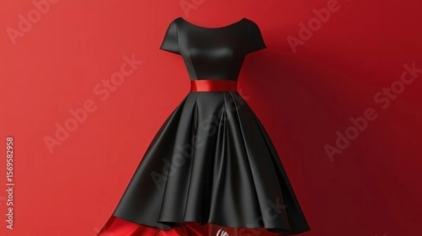Fototapeta Elegance embodied: a black satin dress with red accents against a ruby background
