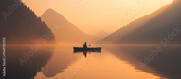 Fototapeta Solitary canoeing on a tranquil lake at dawn surrounded by mountains