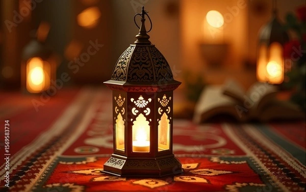 Fototapeta Islamic decoration with lantern  crescent moon  and religious events. High quality