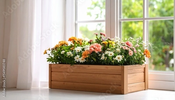 Obraz Colorful Flower Arrangement In Wooden Window Box