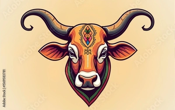 Fototapeta Illustration of a decorated cow head. A symbol for Indian religious festivals. High quality