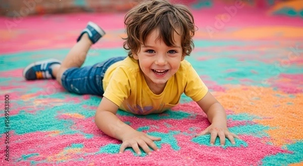 Fototapeta Joyful Toddler Playing in Colorful Sand, Happy Child Outdoor Fun, Bright Summertime