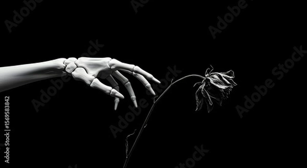 Fototapeta Skeletal Hand Reaching for a Withered Rose A Monochrome Still Life Photography