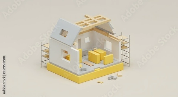 Fototapeta Modern House Construction 3D Render of a House Under Construction, Showing the Detailed Stages of Building a Home
