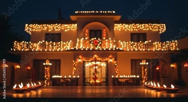 Fototapeta Magnificent Nighttime Illumination of a Lavish Residence Adorned with Festive Lights and Traditional Decorations