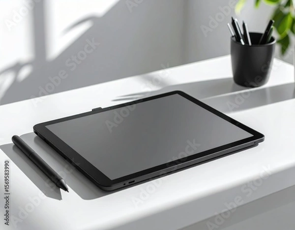 Obraz Black Tablet With Stylus On White Desk