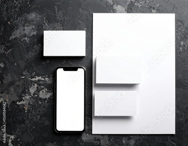 Obraz Blank Business Cards And Smartphone Mockup On Dark Concrete Background