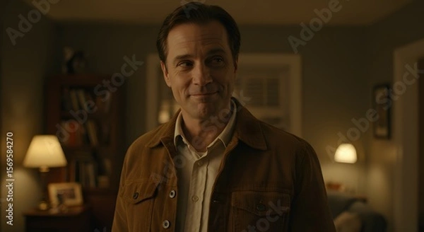 Fototapeta Smiling Man in a Brown Jacket, Warmly Lit Living Room, Homely Atmosphere, Relaxed Expression, Domestic Scene