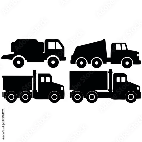 Fototapeta Collection of diverse black silhouette trucks on a white background