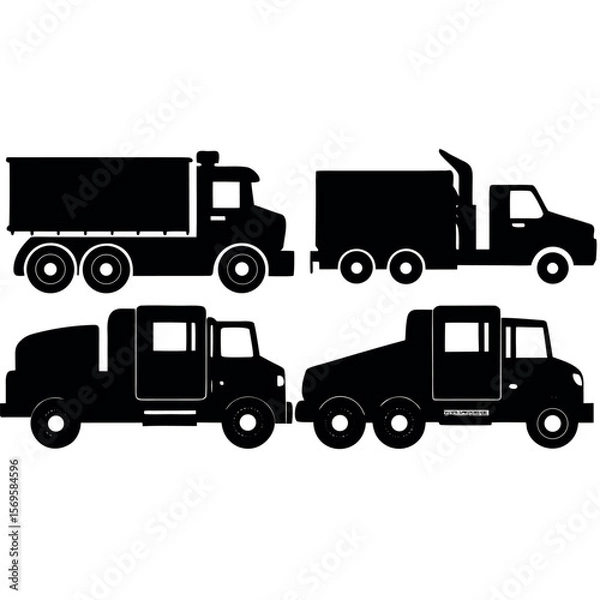 Fototapeta Collection of diverse black silhouette trucks on a white background