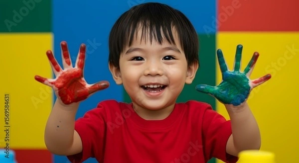 Fototapeta Joyful Toddler with Paint-Covered Hands, Happy Child Artistic Expression, Colorful Creativity