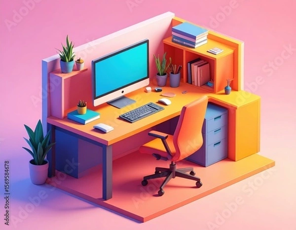 Obraz Colorful Pixel Art Minimalist Workspace With Computer And Plants