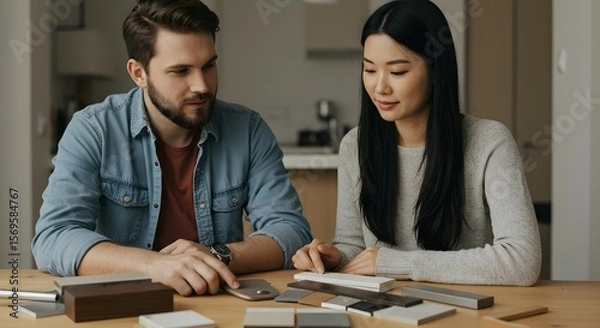 Fototapeta Couple Collaboratively Choosing Interior Design Elements Color Swatches and Materials