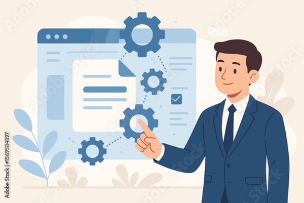 Fototapeta AI document management system concept with businessman touching virtual gear icons. Digital file interface for automation, paperless workflow, data processing, and organization.