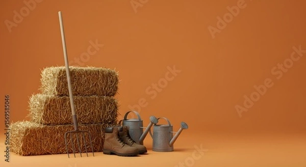 Fototapeta Rustic Farm Scene Hay Bales, Boots, Gardening Tools, and a Pitchfork Against a Warm Orange Background
