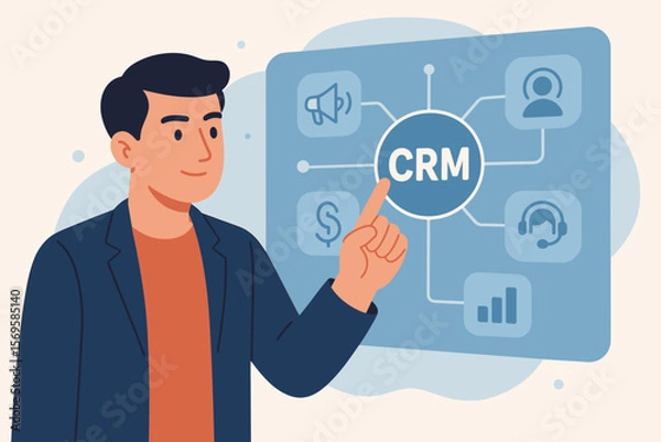 Fototapeta Customer Relationship Management concept. CRM system for sales, marketing, data analytics, and customer support. Businessman interacting with virtual interface. Business automation.