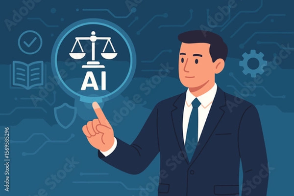 Fototapeta AI law and ethics concept. Businessman touching digital interface with justice scales. Artificial intelligence regulation, compliance, legal standards and business policy.