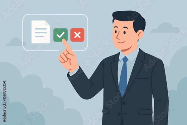 Fototapeta Businessman selecting approve or reject on digital interface. Document approval, project assessment, evaluation, quality assurance, decision making, workflow management concept