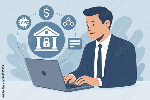 Fototapeta Open banking financial technology fintech concept. Businessman with laptop using virtual interface with API, bank, money and sharing icons. Digital economy and finance vector.