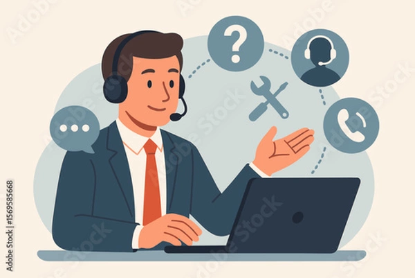 Fototapeta Technical support customer service concept illustration. Call center operator with headset at laptop, business helpdesk, troubleshooting, communication, assistance icons, flat vector