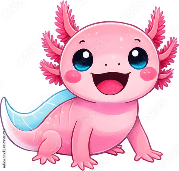 Obraz Cute Kawaii Pink Axolotl Cartoon Adorable Amphibian Clipart On Transparent Background PNG. Kawaii Axolotl
